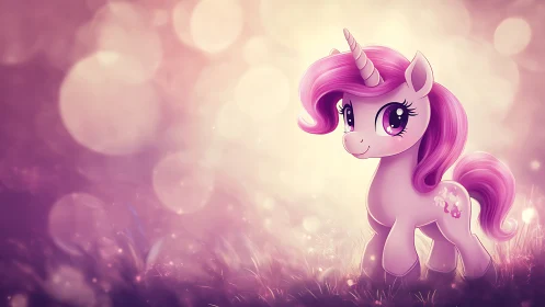 Cartoon unicorn pony with pink mane in soft bokeh field.