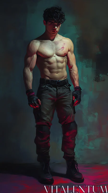 Brooding young fighter stands ready in dramatic studio light