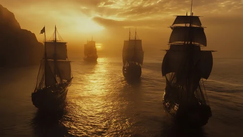 Golden sunset welcomes tall ships sailing into soft misty light