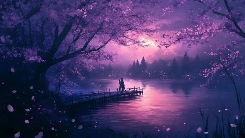 Moonlit lovers beneath violet blossoms on a silent lake.