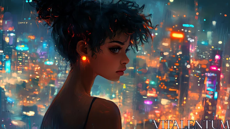 Neon city portrait shows pensive woman in rainy dusk glow