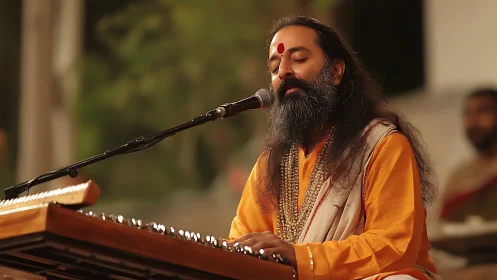 Gentle raga moment with serene singer at the harmonium.