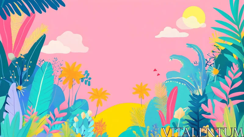 Vibrant tropical sunrise unfolds in a playful pastel jungle