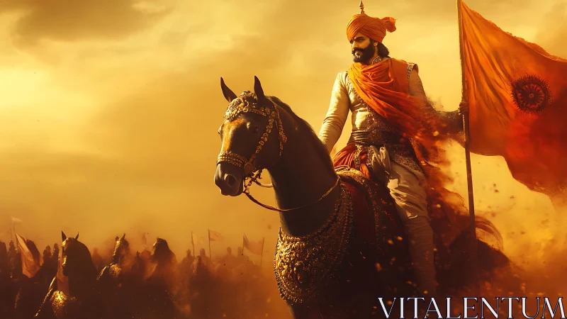 Mounted warrior with orange flag in dust-filled battlefield.