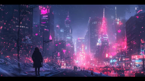 Neon snowfall rewrites a cyberpunk street into electric bloom