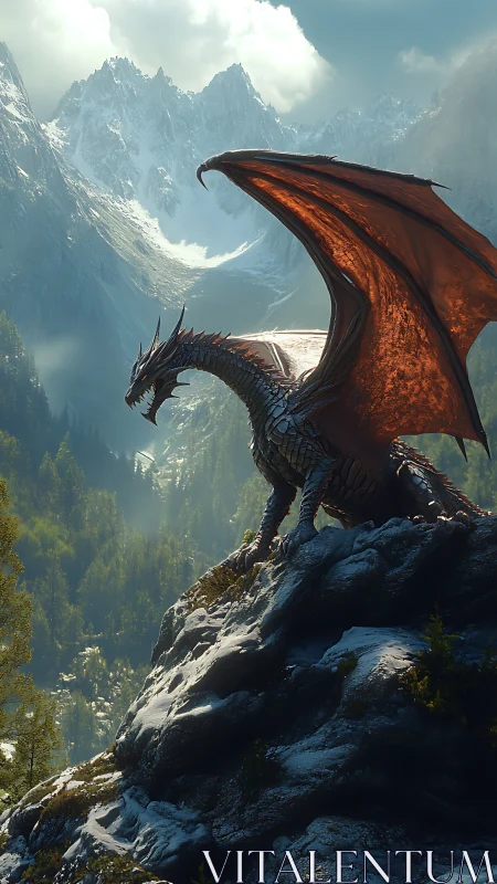 Crimson winged dragon poised on icy alpine ridgeline at dawn.