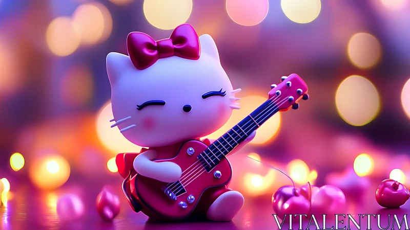 Cute white cat figurine plays red guitar in neon bokeh scene.