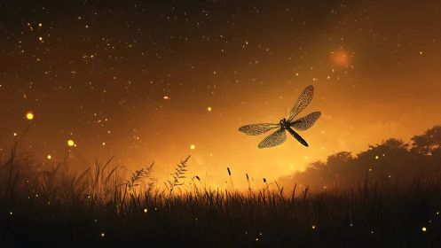 Firefly-lit meadow welcomes a dragonfly into twilight magic