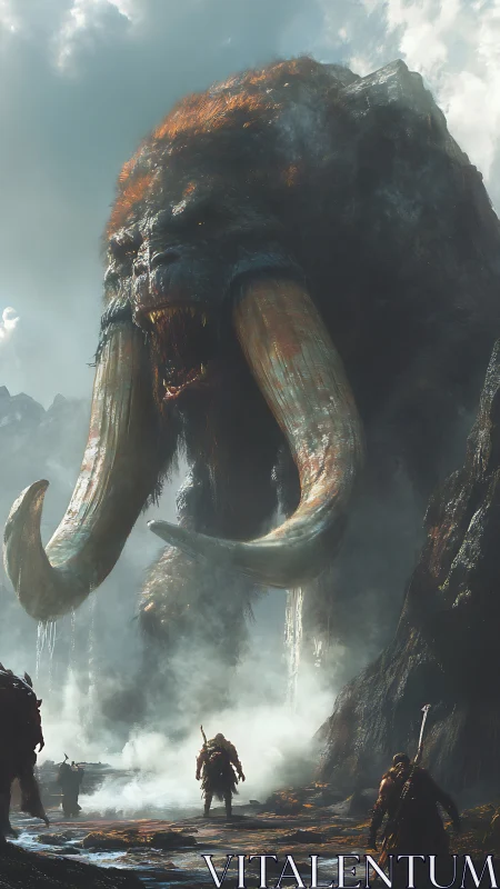 Giant tusked beast confronts warriors in misty canyon