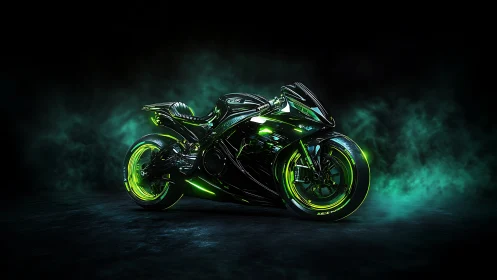 Cyberpunk superbike with neon green glow on dark stage.