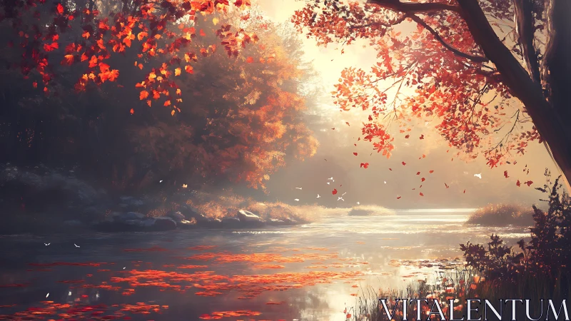 Crimson riverbank whispers as autumn light drifts home