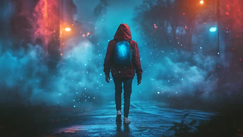 Backlit hooded figure in neon fog with luminous backpack core.