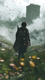 Solitary figure approaching distant stone tower through mist.