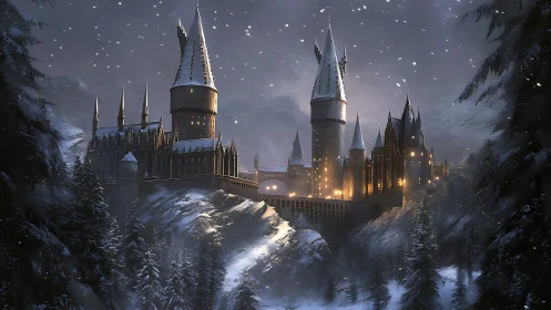 Snowy mountain castle with illuminated towers at night