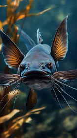 Curious catfish glides forward with wide fins and calm focus
