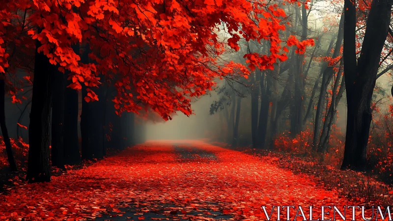 Digital painting of crimson forest avenue with misted depth.