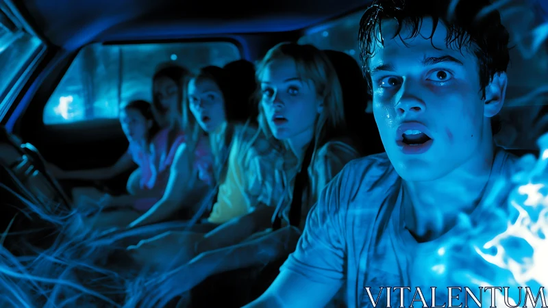 Terrified teens in car engulfed by electric blue energy field.