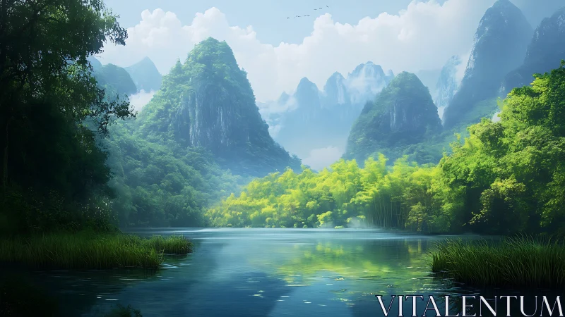Misty karst mountains rise above tranquil reflective river valley