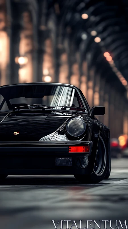 Sleek black classic sports car glows under moody tunnel lights