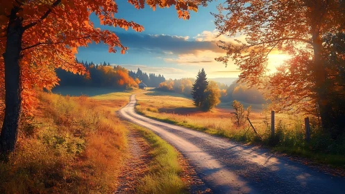 Sunlit country road winds through glowing autumn fields.