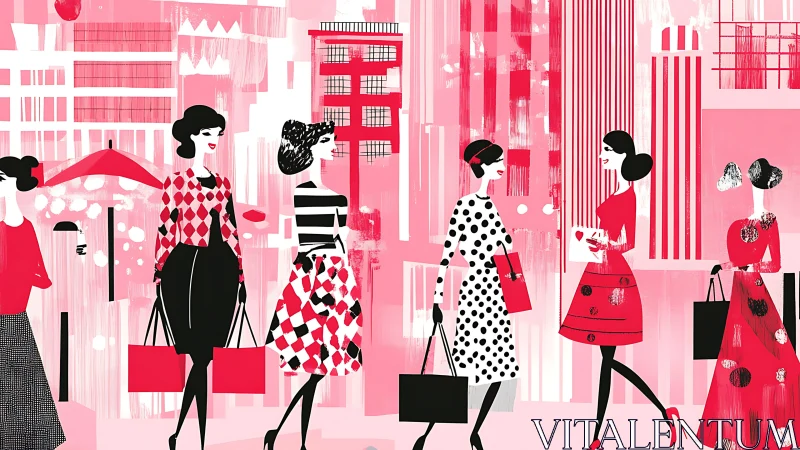 Elegant women stroll through a vibrant pink cityscape shopping