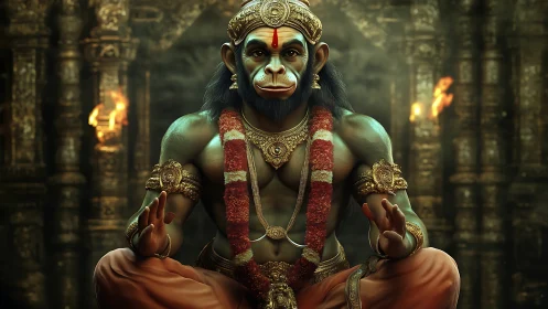 Serene monkey deity sits in golden temple glow and calm