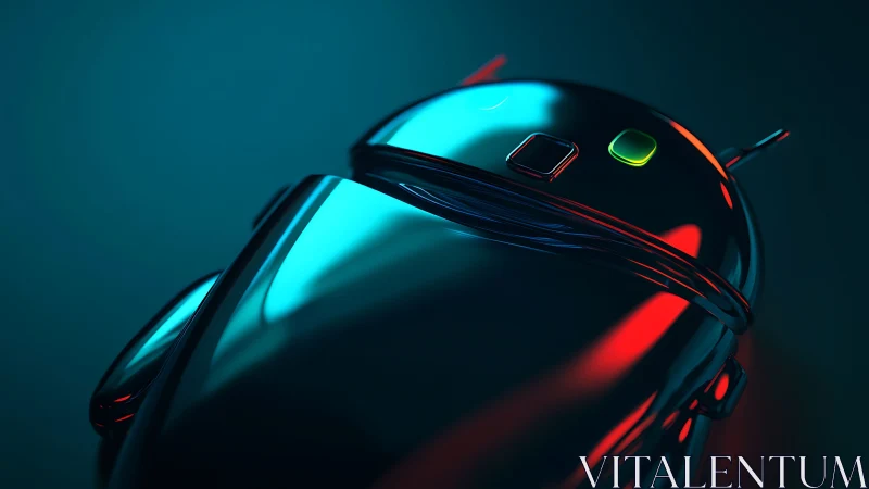 Chromed android mascot under cyan and red rim lighting, close-up