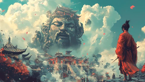 Samurai observing mountainous deity face above temples.