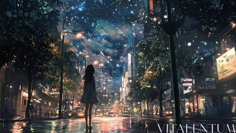 Girl beneath luminous stars over neon city street at night.