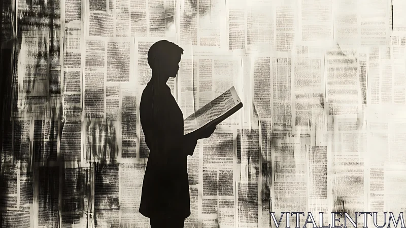 Silhouette reader against layered text pages in photoreal style.