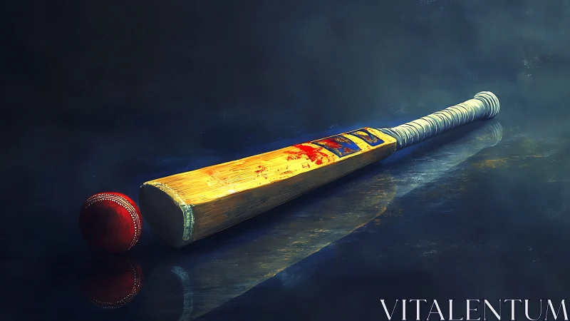 Weathered cricket bat and ball on reflective dark ground.