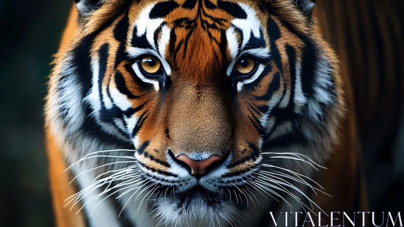 Symmetric frontal tiger portrait with hyper-detailed fur rendering.