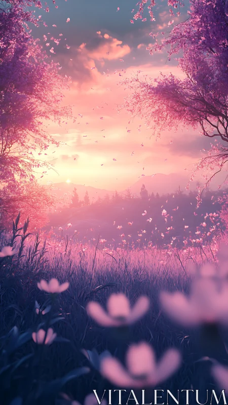 Dreamlike pink meadow under cinematic twilight sky glows