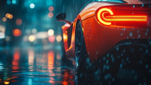 Scarlet tail-lights carve neon echoes through the midnight rain
