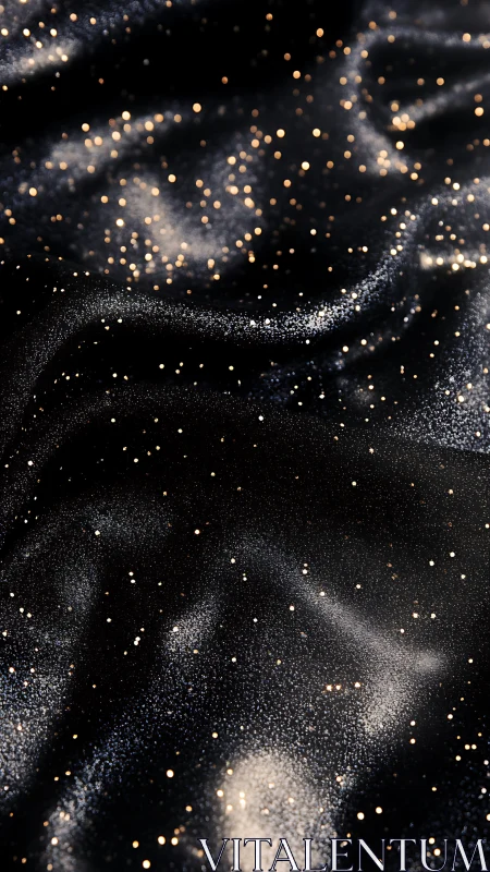 Midnight satin fabric with scattered golden glitter highlights.