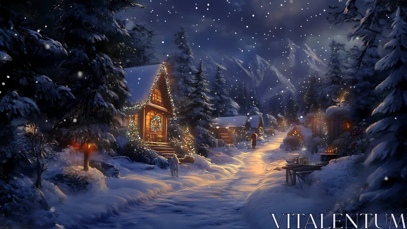 Snow covered village cabins with illuminated winter path.