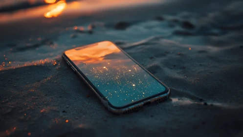 Dreamy smartphone reflecting sunset sky and quiet stars.
