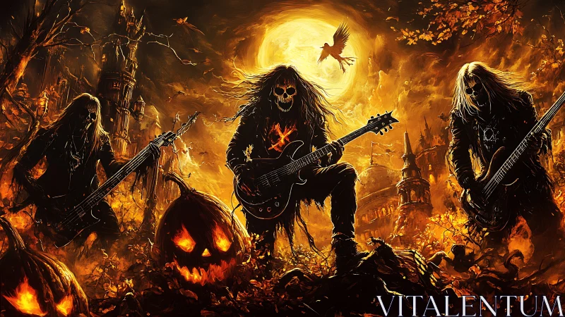 Skeleton metal band under full moon in fiery graveyard scene.