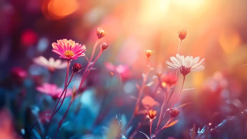 Luminescent Gerbera Daisies Bathed in Warm Bokeh Gradient.