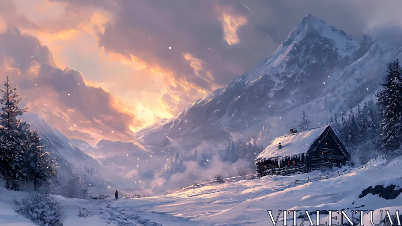 Snowfield homestead beneath dynamically lit alpine ridge.