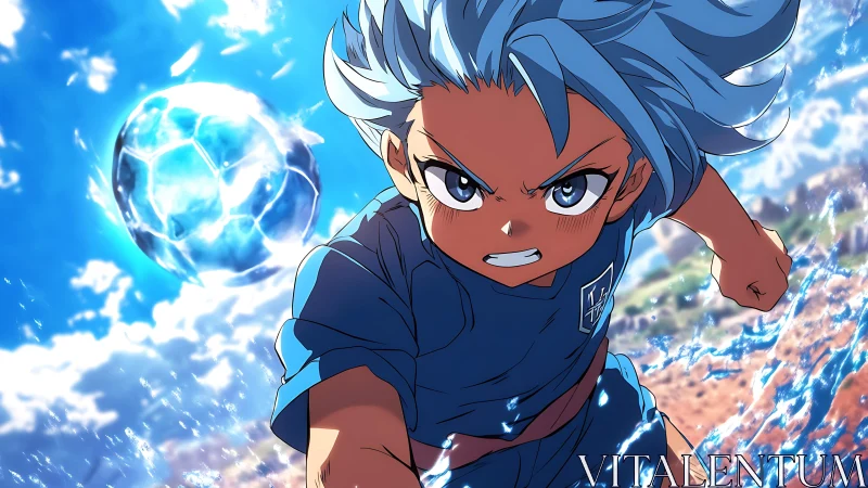 Determined young soccer hero racing beneath a blazing blue sky.