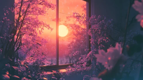 Sunset glows through window framed by dense pink blossoms