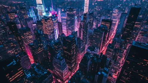 Neon-saturated aerial megacity grid under cyberpunk nightscape.