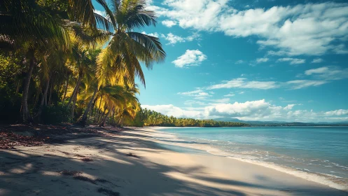 Tropical Beach Paradise. Golden Palm Shadows on Turquoise Shore.