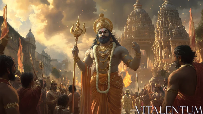 Radiant temple guardian strides through golden storm of faith.