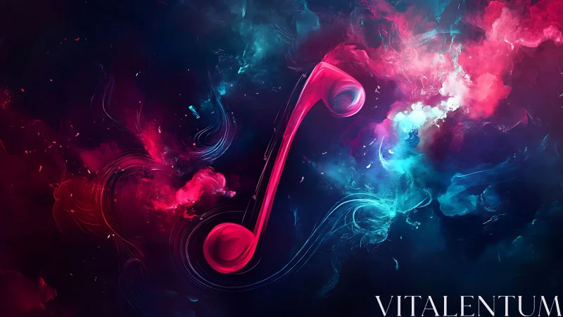 Vibrant magenta music note in swirling neon nebula field.