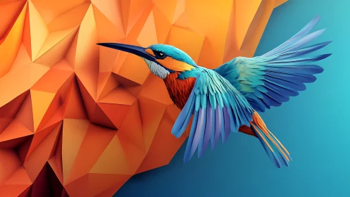 Geometric bird soars before faceted orange crystalline wall