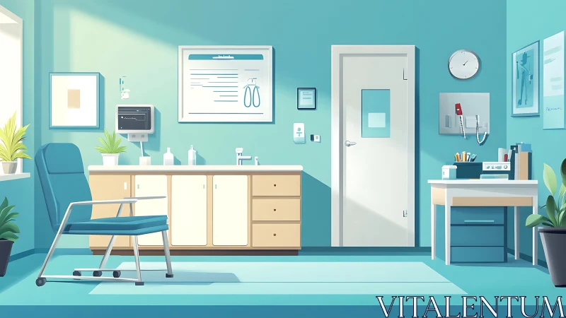 Modern medical examination room with chair and equipment.