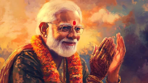 Warm garlands glow as a wise elder applauds painted skies