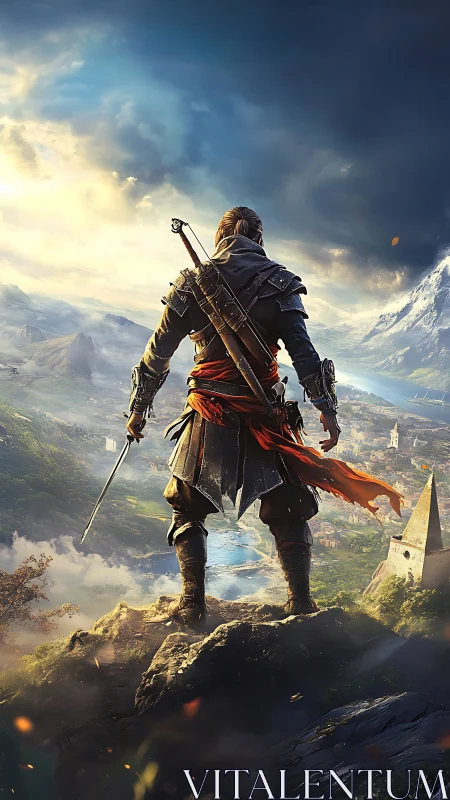 Lone warrior surveys a vast fantasy valley before battle